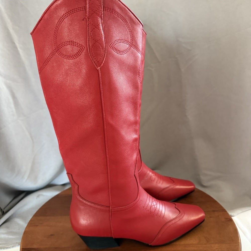 STEVE MADDEN 'Dollie' Red Leather Square Toe Western Cowgirl Boots Women's‎ Sz 8